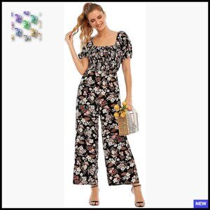 Floral Smocked Jumpsuit Wide Leg Romper Elegant Spring Summer Casual Chic